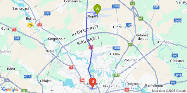 Map: Bucharest Airport (OTP), Henri Coandă to Bucharest Downtown Inn, Bucharest