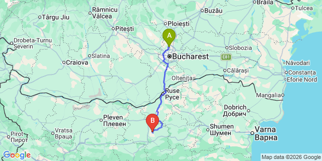 Map: Bucharest Airport (OTP), Henri Coandă to Byala (Ruse)