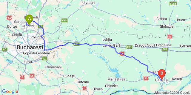 Map: Bucharest Airport (OTP), Henri Coandă to Calarasi