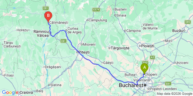 Map: Bucharest Airport (OTP), Henri Coandă to Calimanesti