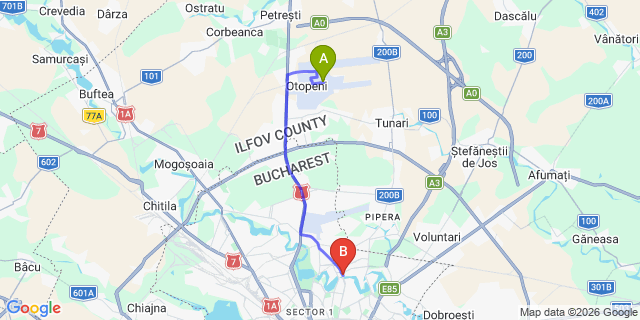 Map: Bucharest Airport (OTP), Henri Coandă to Caro Hotel, Bucharest