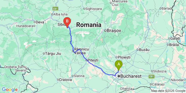 Map: Bucharest Airport (OTP), Henri Coandă to Cisnadie