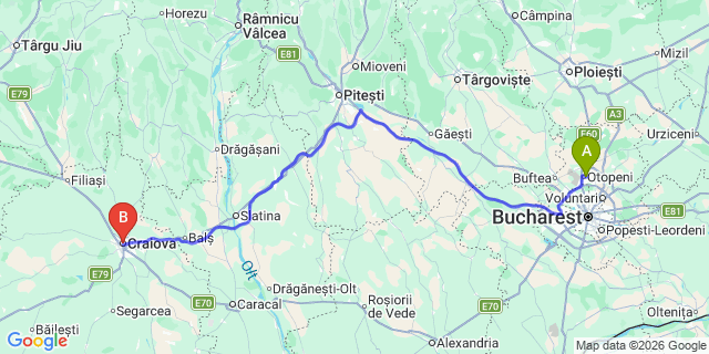 Map: Bucharest Airport (OTP), Henri Coandă to Craiova