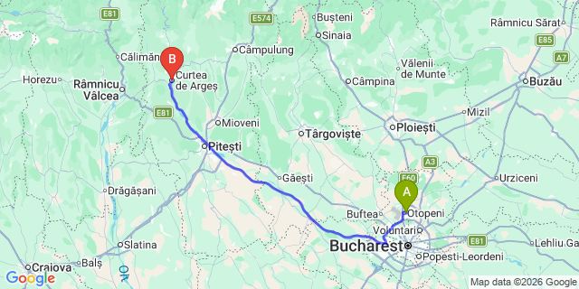 Map: Bucharest Airport (OTP), Henri Coandă to Curtea de Arges
