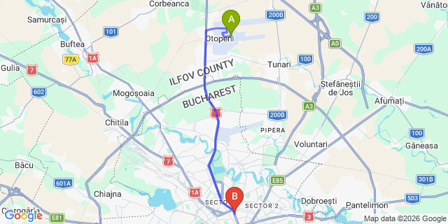 Map: Bucharest Airport (OTP), Henri Coandă to Embassy Romana, Bucharest