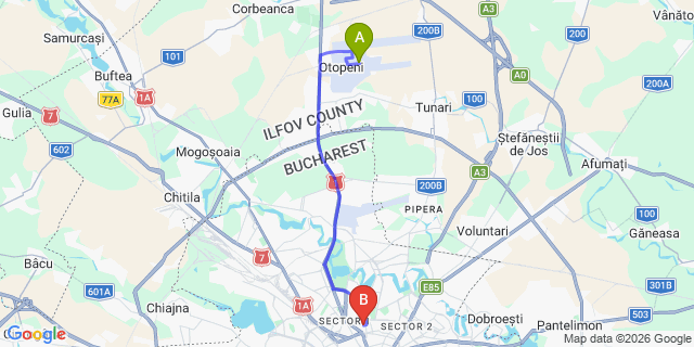 Map: Bucharest Airport (OTP), Henri Coandă to Hotel Christina, Bucharest