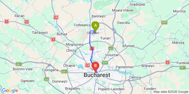 Map: Bucharest Airport (OTP), Henri Coandă to Hotel Cișmigiu, Bucharest