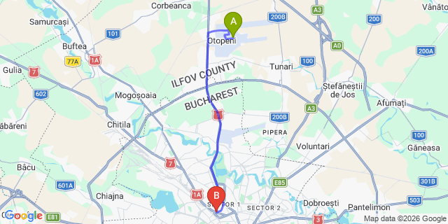Map: Bucharest Airport (OTP), Henri Coandă to Hotel Grivita, Bucharest