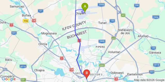 Map: Bucharest Airport (OTP), Henri Coandă to Hotel Lido by Phoenicia, Bucharest