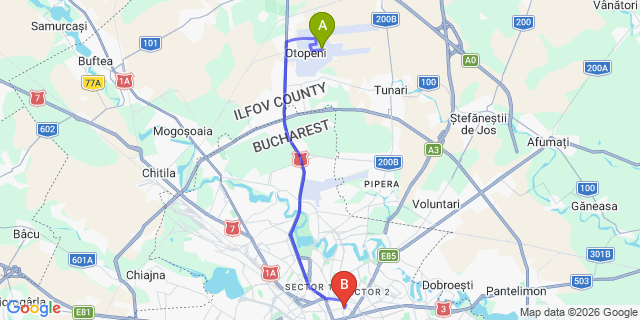 Map: Bucharest Airport (OTP), Henri Coandă to Hotel Sarroglia, Bucharest