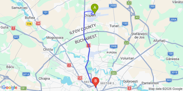 Map: Bucharest Airport (OTP), Henri Coandă to Mercure Bucharest City Center, Bucharest