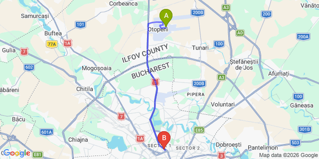 Map: Bucharest Airport (OTP), Henri Coandă to Michelangelor Hotel, Bucharest