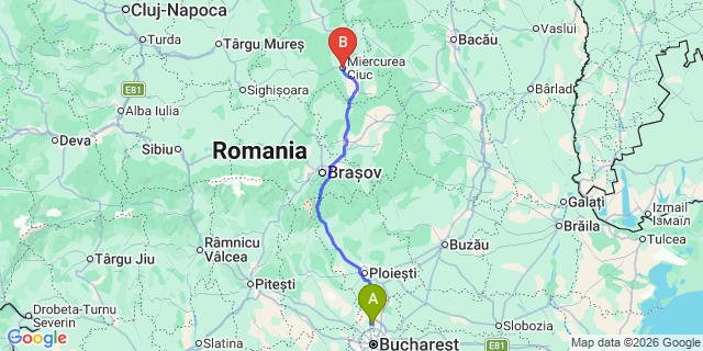 Map: Bucharest Airport (OTP), Henri Coandă to Miercurea-Ciuc