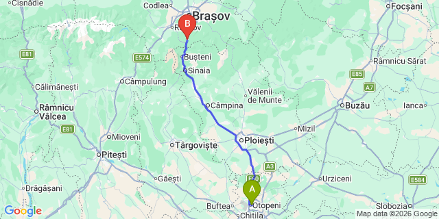 Map: Bucharest Airport (OTP), Henri Coandă to Predeal