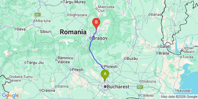Map: Bucharest Airport (OTP), Henri Coandă to Sfantu Gheorghe