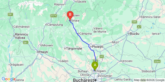 Map: Bucharest Airport (OTP), Henri Coandă to Sinaia