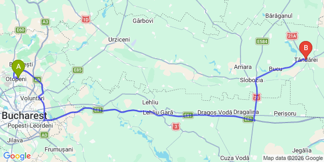 Map: Bucharest Airport (OTP), Henri Coandă to Tandarei