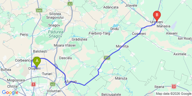 Map: Bucharest Airport (OTP), Henri Coandă to Urziceni