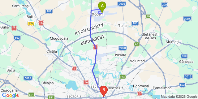 Map: Bucharest Airport (OTP), Henri Coandă to VISIONAPARTMENTS Bucharest, Bucharest