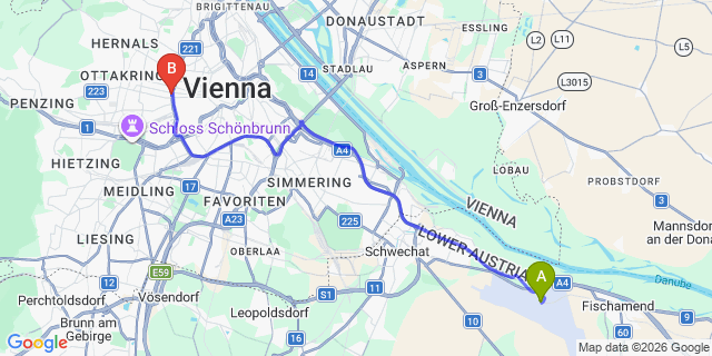 Map: Vienna Airport (VIE) to a&o Hostel Wien Stadthalle