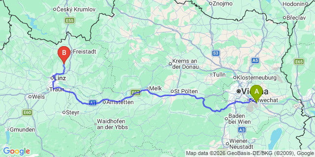 Map: Vienna Airport (VIE) to Alberndorf in der Riedmark