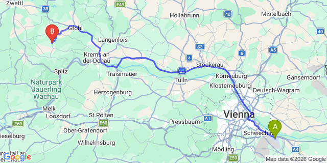Map: Vienna Airport (VIE) to Albrechtsberg an der Großen Krems