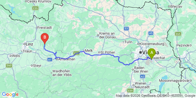 Map: Vienna Airport (VIE) to Allerheiligen im Mühlkreis