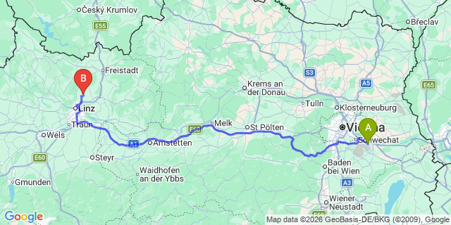 Map: Vienna Airport (VIE) to Altenberg bei Linz