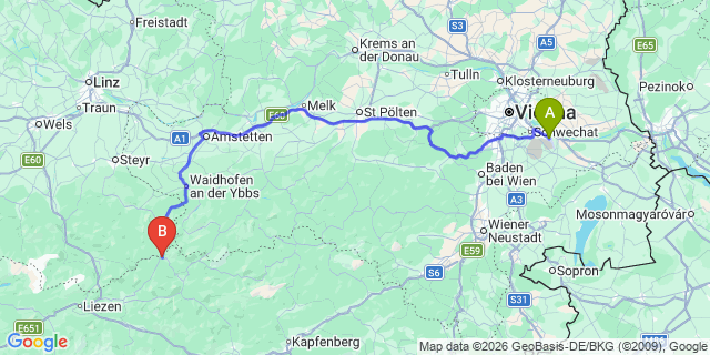 Map: Vienna Airport (VIE) to Altenmarkt bei Sankt Gallen