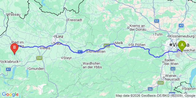 Map: Vienna Airport (VIE) to Ampflwang im Hausruckwald