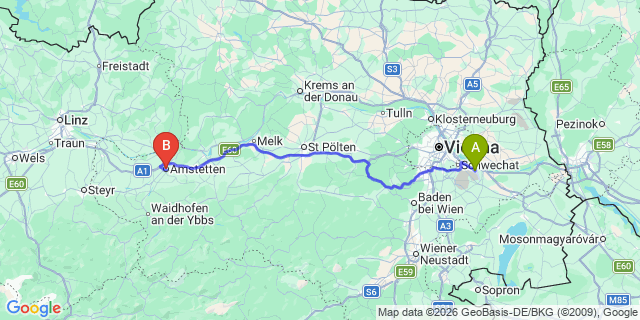 Map: Vienna Airport (VIE) to Amstetten