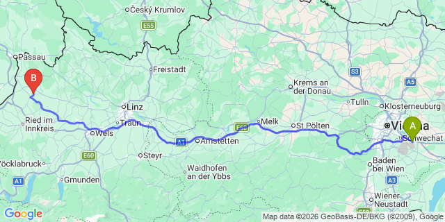 Map: Vienna Airport (VIE) to Andorf