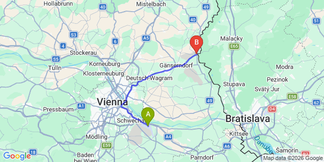 Map: Vienna Airport (VIE) to Angern an der March