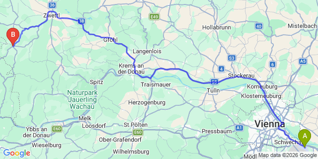 Map: Vienna Airport (VIE) to Arbesbach
