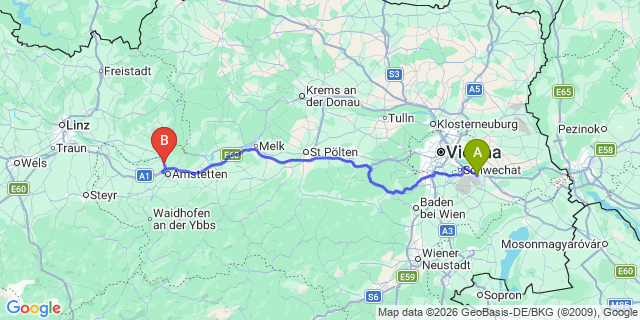 Map: Vienna Airport (VIE) to Ardagger Stift
