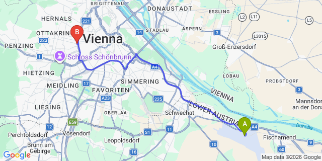 Map: Vienna Airport (VIE) to arte Hotel Wien Stadthalle