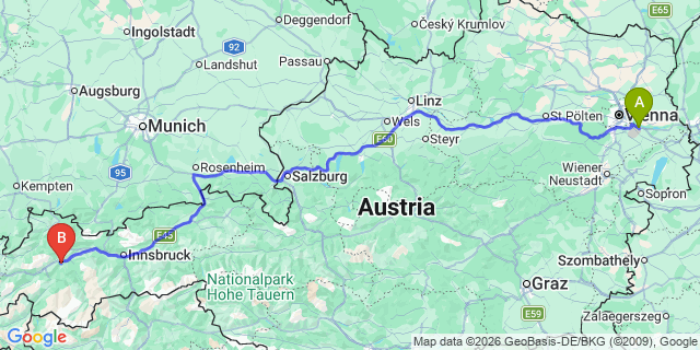 Map: Vienna Airport (VIE) to Arzl im Pitztal