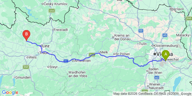 Map: Vienna Airport (VIE) to Aschach an der Donau