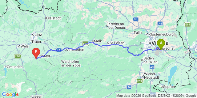 Map: Vienna Airport (VIE) to Aschach an der Steyr