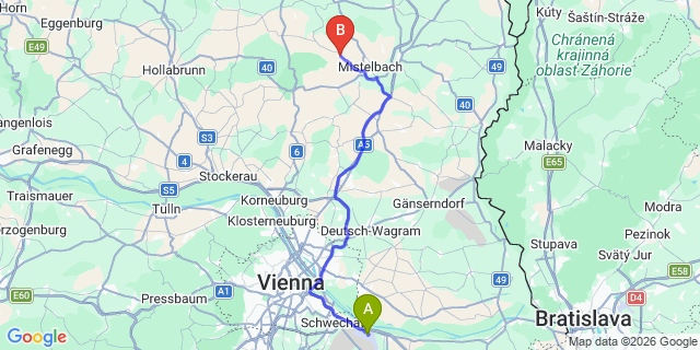 Map: Vienna Airport (VIE) to Aspern an der Zaya