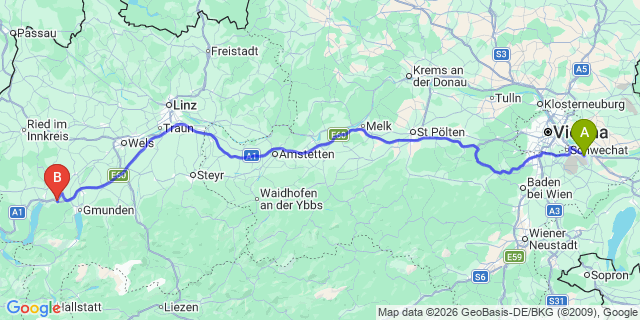 Map: Vienna Airport (VIE) to Aurach am Hongar