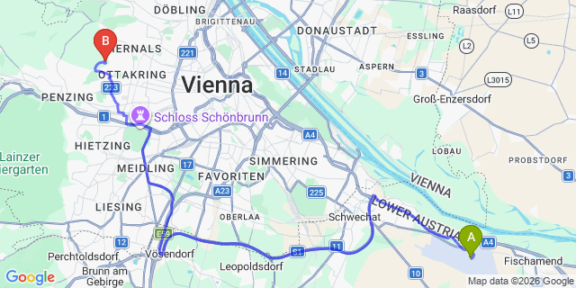 Map: Vienna Airport (VIE) to Austria Trend Hotel Schloss Wilhelminenberg