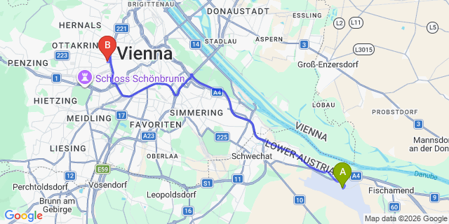 Map: Vienna Airport (VIE) to B&B HOTEL Wien-Stadthalle