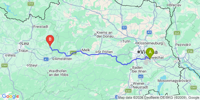 Map: Vienna Airport (VIE) to Bad Kreuzen