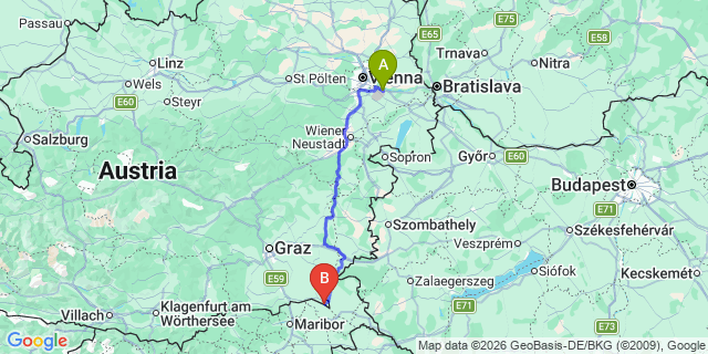 Map: Vienna Airport (VIE) to Bad Radkersburg