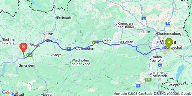 Map: Vienna Airport (VIE) to Bad Wimsbach-Neydharting
