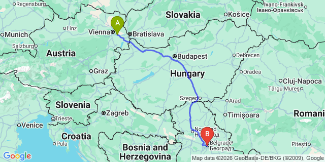 Map: Vienna Airport (VIE) to Belgrade city (all areas)