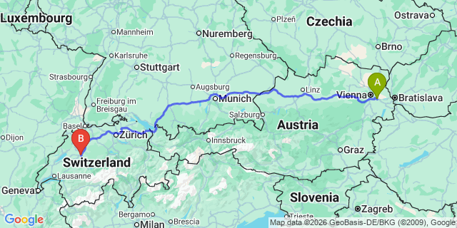 Map: Vienna Airport (VIE) to Bern