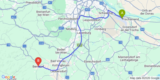 Map: Vienna Airport (VIE) to Berndorf
