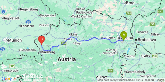 Map: Vienna Airport (VIE) to Berndorf bei Salzburg